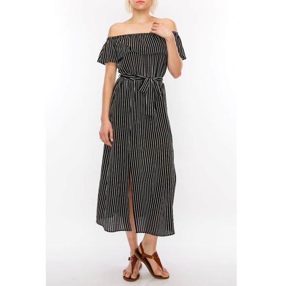 HYFVE Dresses & Skirts - Black and White Striped Maxi Dress Off Shoulder